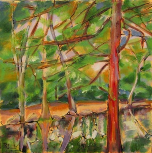 28 oil painting of redwood trees on a path near water.