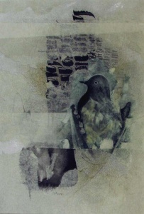 46 mixed media drawing and collage of a bird and calligraphic elements.