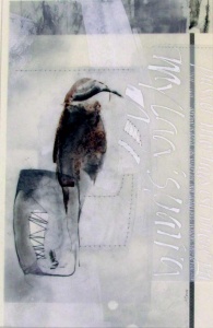 47 mixed media drawing and collage of a bird and calligraphic elements.