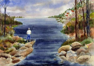 55 lone man fishing from a stream flowing between two river banks.