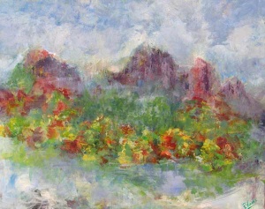 57 light and colorful acrylic painteing of mountains above a field of flowers.