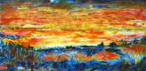 58 acrylic painting of a red sunset over a green landscape.
