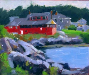 61 painting of a red lakeside house.