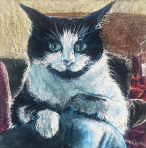 65 black and white green-eyed cat staring at you from atop a man's knee.