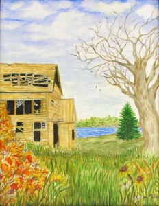 66 old yellowing wooden house near a lake.