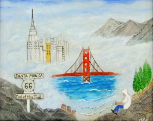 67 hillside traveller seeing visions of Route 66 sign, New York City, and the Golden Gate bridge.