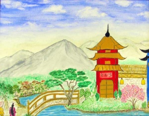 68 curved bridge over water leading to a red asian pagoda.