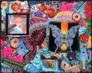 74 bright collage of type, flowers, buildings, and butterflies.
