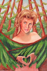 75 nude woman behind leaves and among trees, making a heart-hand sign.
