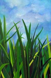 76 view looking uo from among tall leaves of grass under a bright blue sky.