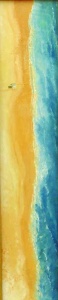 31 arial view of long of yellow strip of and water sand with lifeguard station.