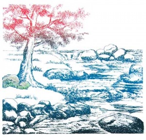 April page of Southern Arts Society 2022 calendar - “Rocky Road River” by Shirley Brutko.