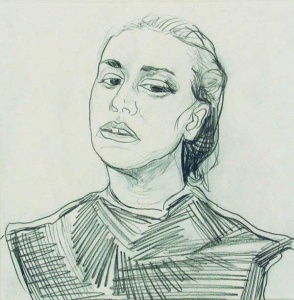 Black line drawing on white paper depicting a woman looking to her left.
