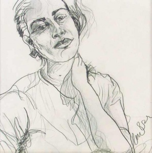 Black line drawing on white paper depicting a woman holding her neck.