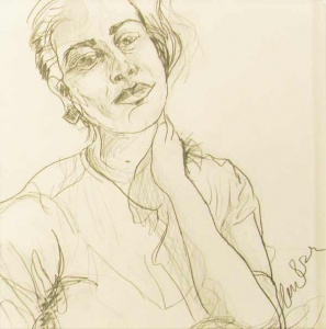 Black line drawing on white paper depicting a woman holding her neck.