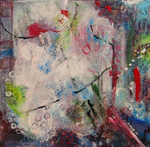 Abstract painting with bold strokes of white red and green.