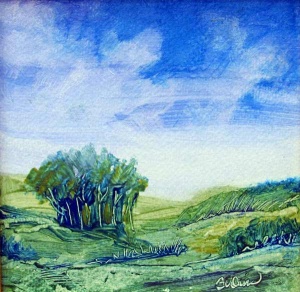 Landscape of green hill beneath a blue shy.