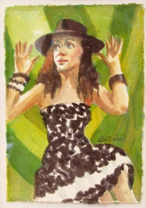 Woman in brown polka dot dress with her hands held up, possibly dancing.