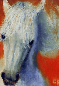 White horse portrait against a red background.