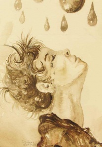 Sepia watercolor portrait of a crying woman with her head tilted up to the rain.