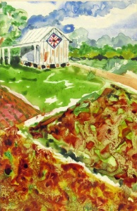 Rural scene of a garden a white barn with Dutch geometric hex pattern.