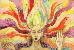 Woman with closed eyes emanating red and magenta flowing rays from her mind.
