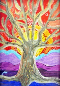 Tree of life in from of a bright yellow sunset above a purple and blue landscape.