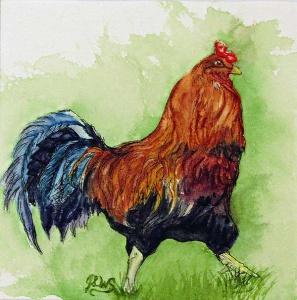 Flamboyant colorful strutting rooster against a bright green background.