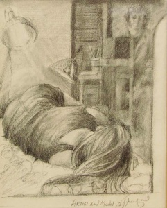Woman in her studio drawing a reclining clothed female model.