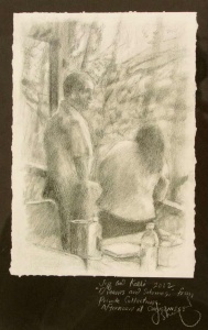 Couple talking white looking out at a treed landscape.