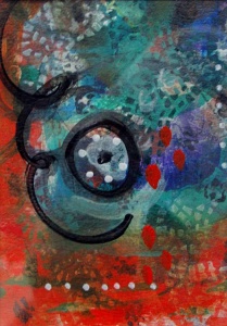 Abstract painting with red and green background with a spiral of black circles at the forefront.