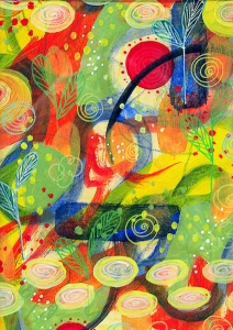 Bright colored abstract of geometric shapes foregrounded with leaves and swirls.