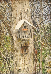 Bird house built into the side of a tree during winter.