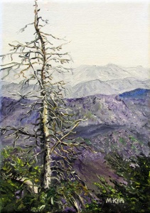 Foreground of bare tree overlooking snowy mountain range.