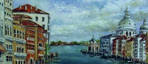 Canal scene of Venice with waterside mansions and a domed church under a cloudy sky.