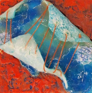 Abstract dimensional wax encaustic work with a red background foregrounded by a red stitched blue green scroll.