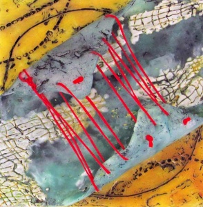 Abstract dimensional wax encaustic work with a yellow background foregrounded by a red stitched gray scroll.