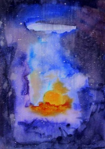 Deep purple and blue abstract ed background with a sunset shape at the center.