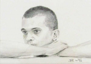 Drawing of young man looking afar resting his chin on his crossed arms.