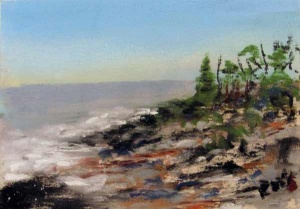 Seashore of sparse trees against a blue and yellow sky and blue lavender waves.