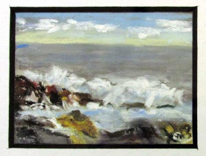 Black bordered seascape with waves crashing against ricks under a bright cloudy sky.