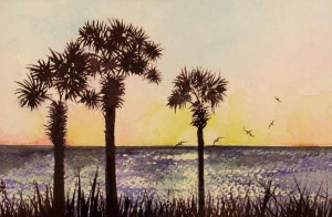 Three palmettos and seagulls overlooking a n ocean sunset.