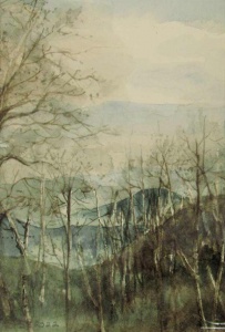 Mountain view of barren winter tree with a cloudy sky.