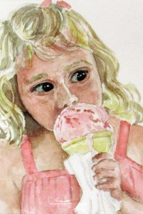 Blonde girl in a pink dress licking a dripping ice cream cone.