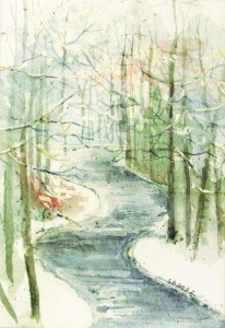 Winter scene of a stream flowing through snowy trees.