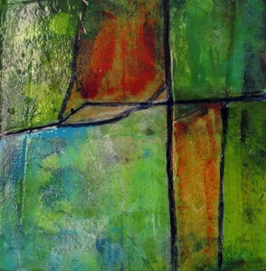 Abstract work with blocks of dome-textured green and red,