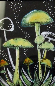 Green and yellow mushrooms against a starry night sky.