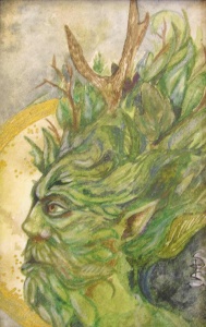 Horned green man with leaved face and pointed ears.