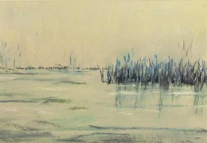 Misty water scene with clumps of grass under an gray overcast sky.
