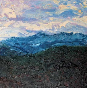 Mountain scene under a swirling blue and lavender sky.
